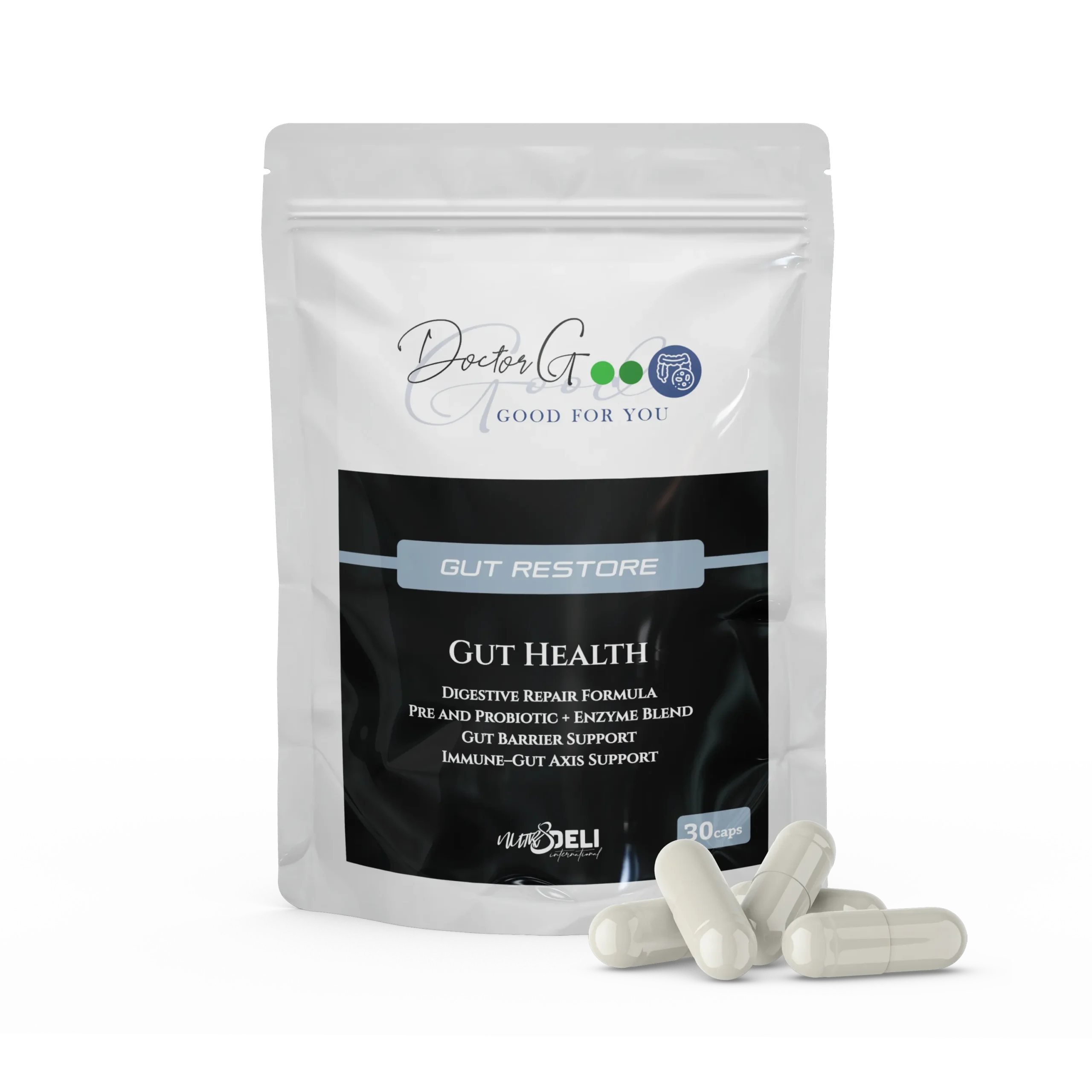 Gut Restore Front Dr G - GUT RESTORE with Pre & pro biotics, and digestive enzymes - Image 1