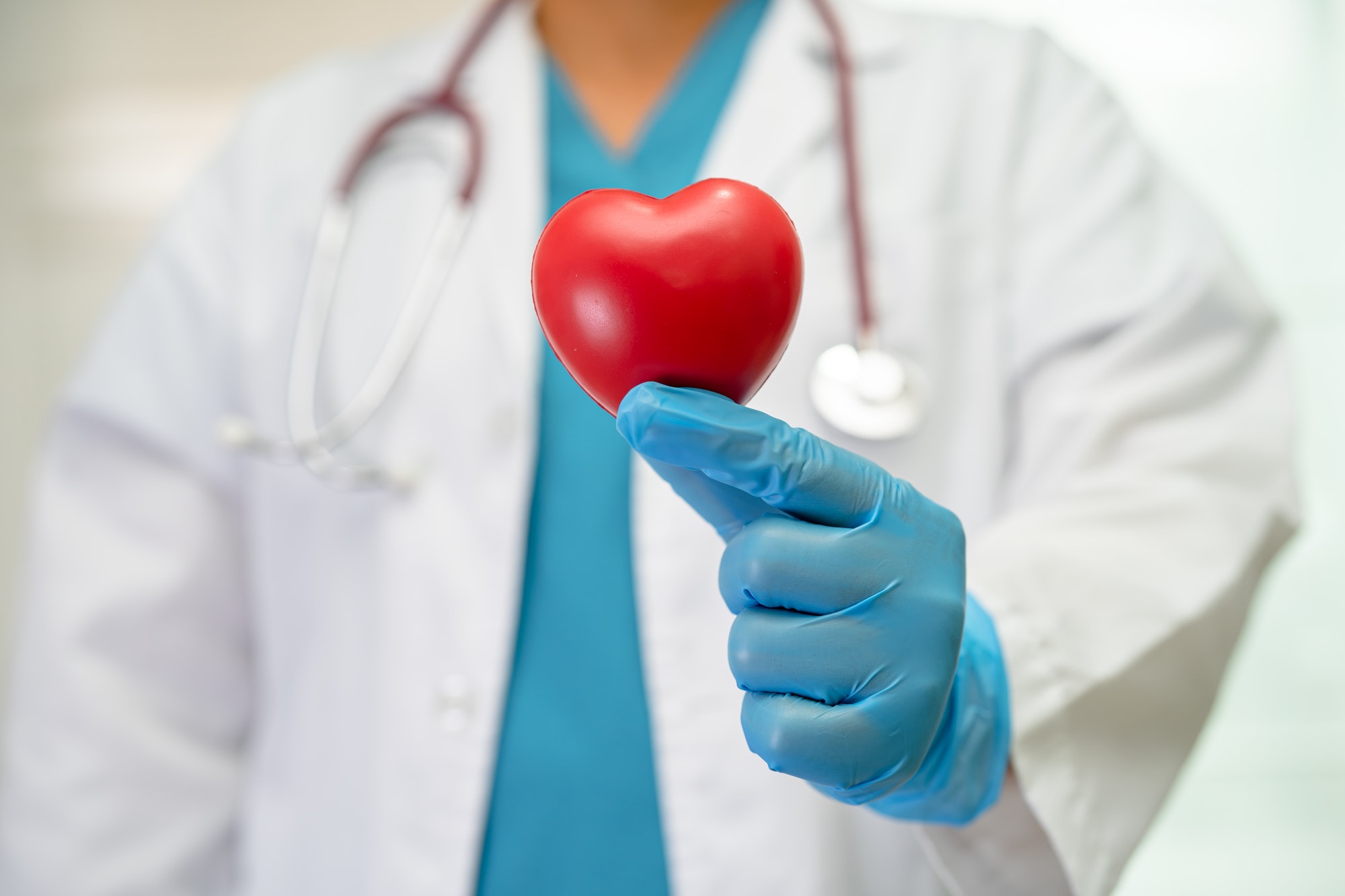 Doctor holding red heart in nursing hospital for good health.